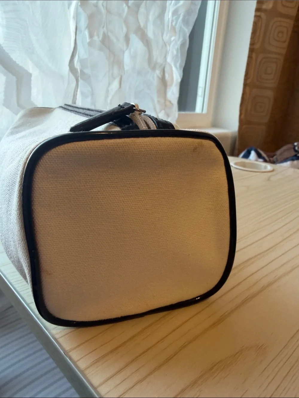 CHANEL Beige Canvas Parfum Pouch with Black Trim